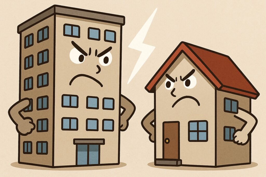 マンションと戸建てがにらみ合ってるイラスト
