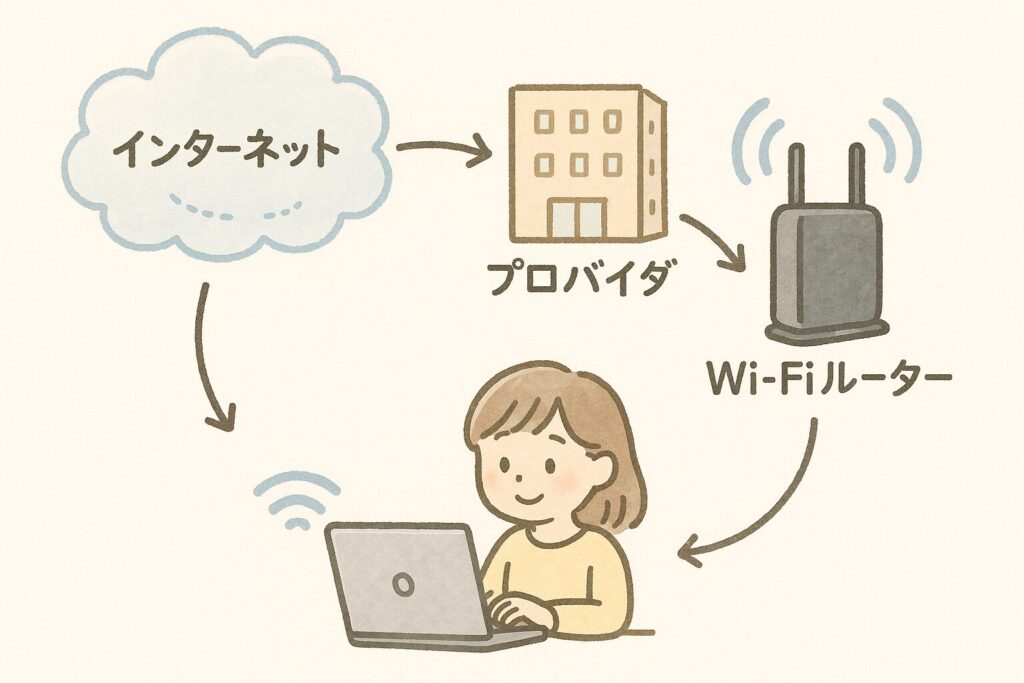 インターネット・プロバイダ・Wi-Fiルーターのつながりのイラスト