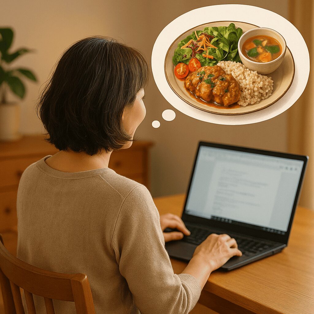 パソコン作業してる女性の後ろ姿。食事を想像してる