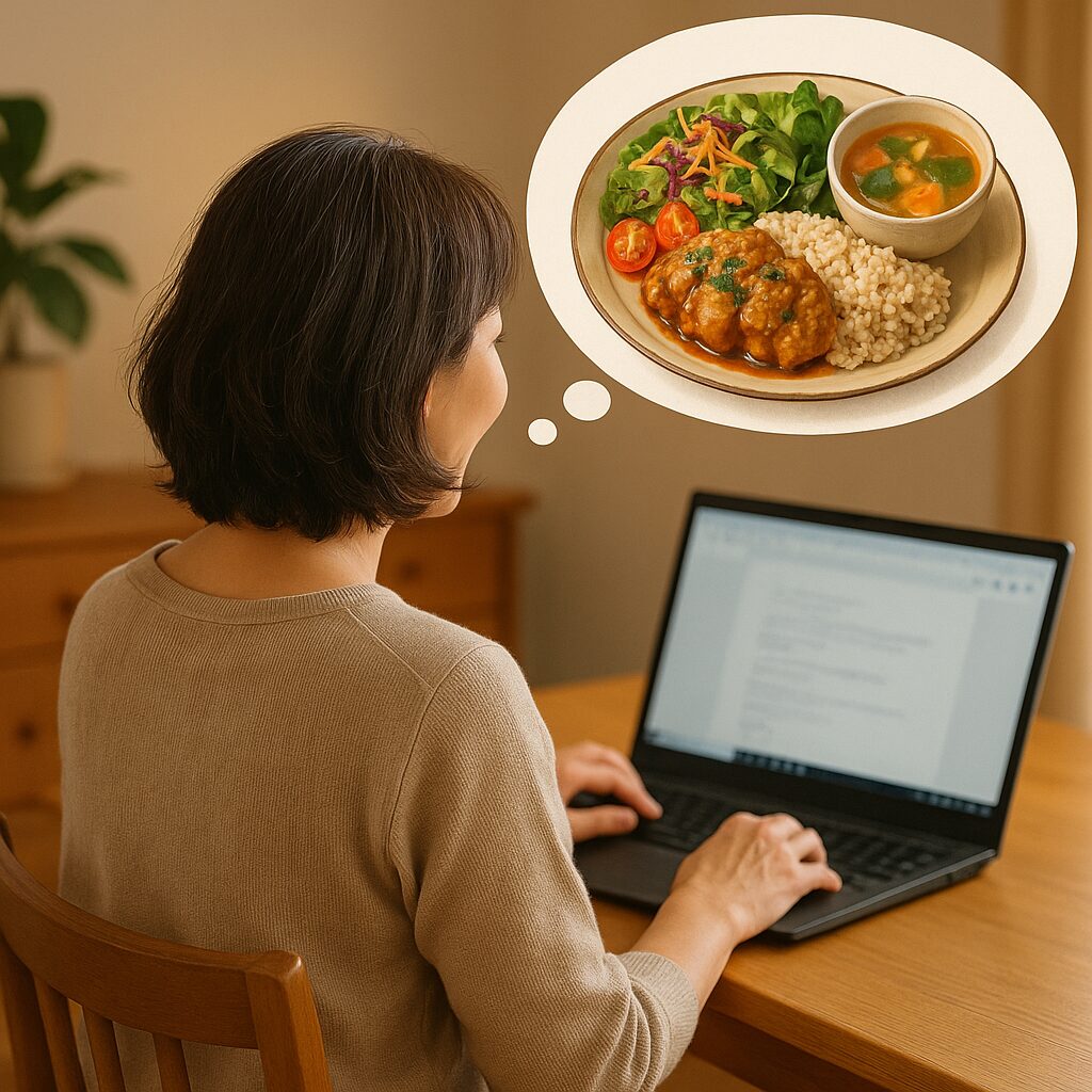 パソコン作業してる女性の後ろ姿。食事を想像してる