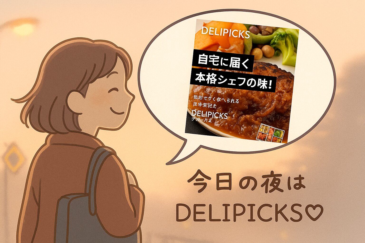 女性が夕食を楽しみに帰宅しているイラスト