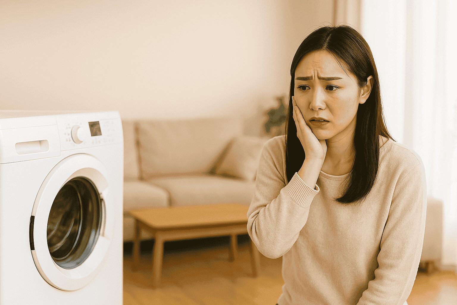 洗濯機が壊れて困ってる女性の写真