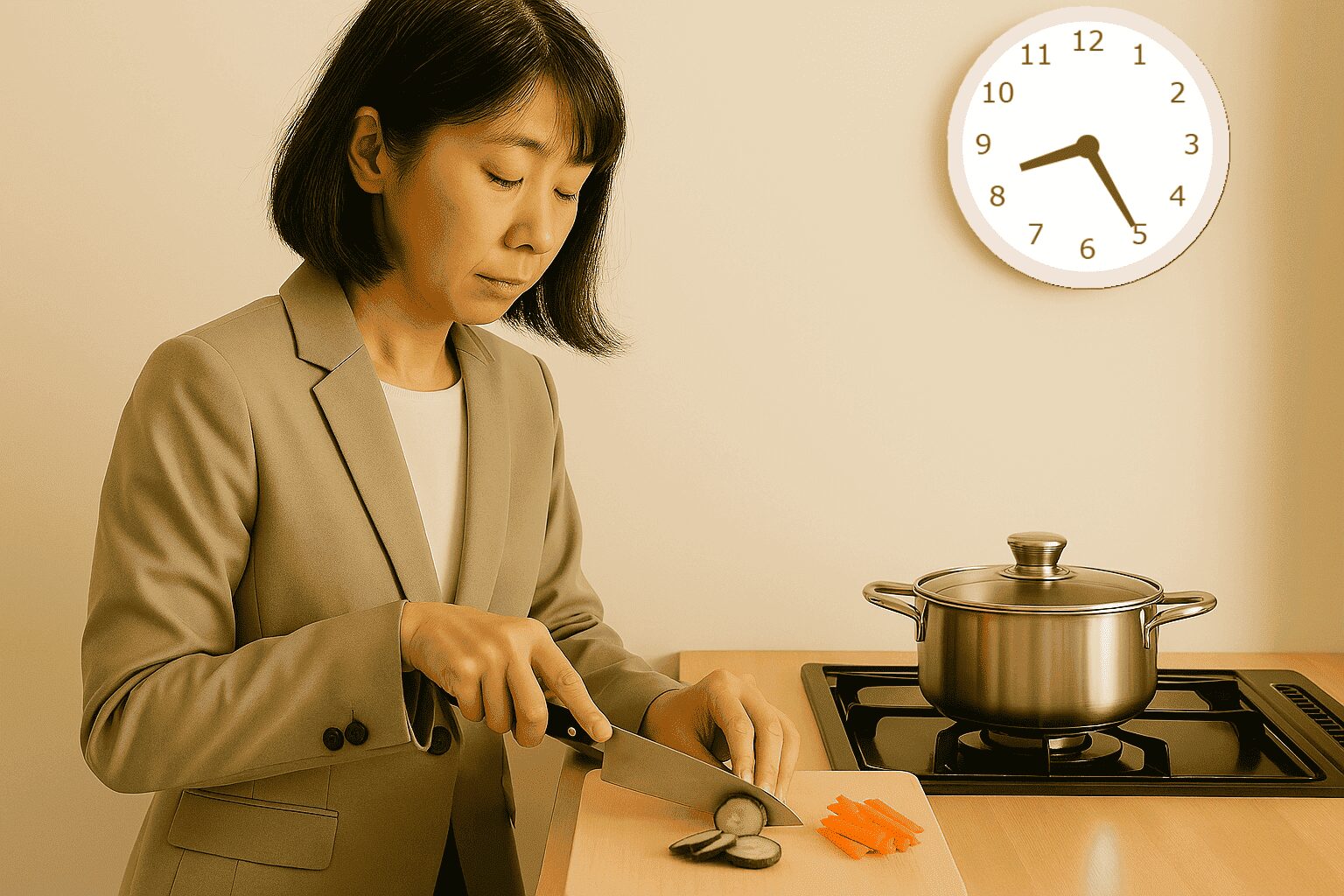仕事から帰ってきて食事の支度をしてる女性。時間は20:25